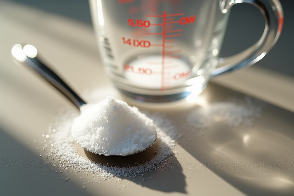 Cuiller heurtée de sucre et verre mesure ml en gros plan