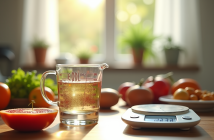 Scène de cuisine avec tasse à mesurer et balance naturelle