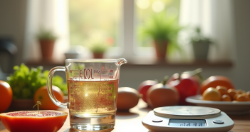Scène de cuisine avec tasse à mesurer et balance naturelle