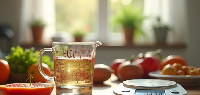 Scène de cuisine avec tasse à mesurer et balance naturelle