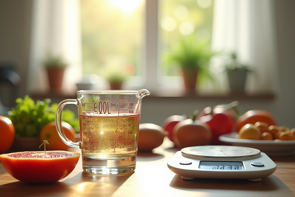 Scène de cuisine avec tasse à mesurer et balance naturelle