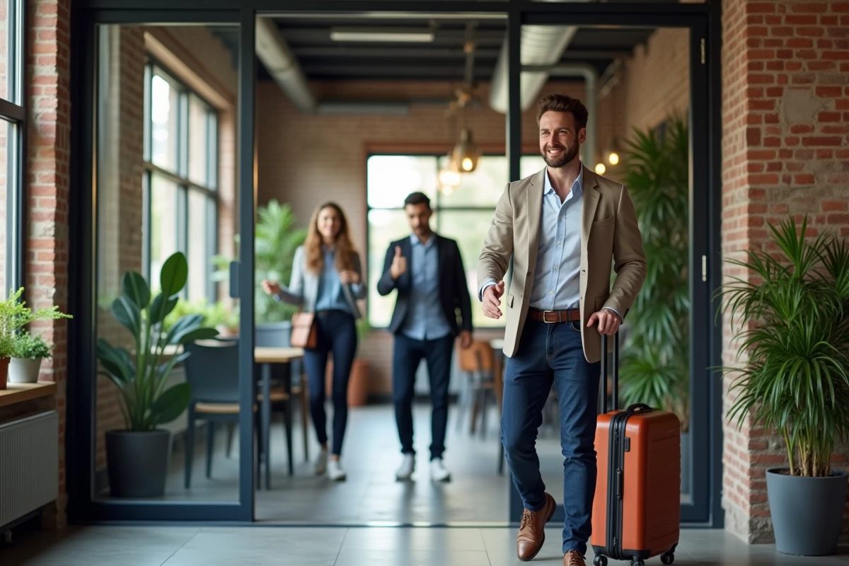 Employé partant en vacances avec sa valise saluant ses collègues depuis la sortie d'un espace de coworking