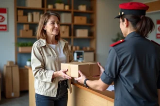 Femme déposant un colis Colissimo au comptoir d'un relais postal en France