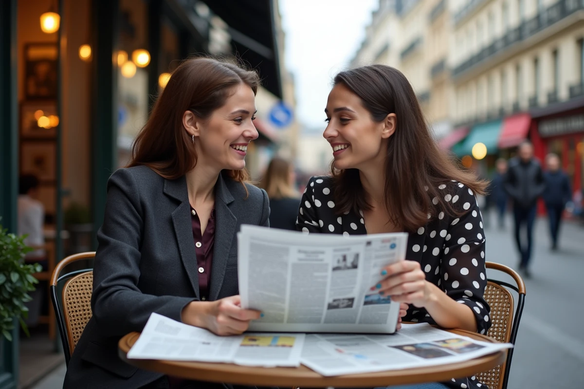 Deux femmes discutant dans un café parisien en plein air