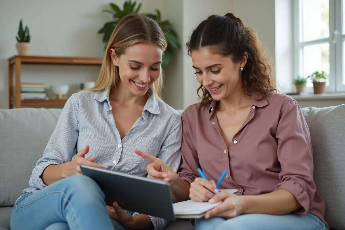Deux femmes cherchant ensemble comment obtenir une réponse rapide du support Vinted sur une tablette