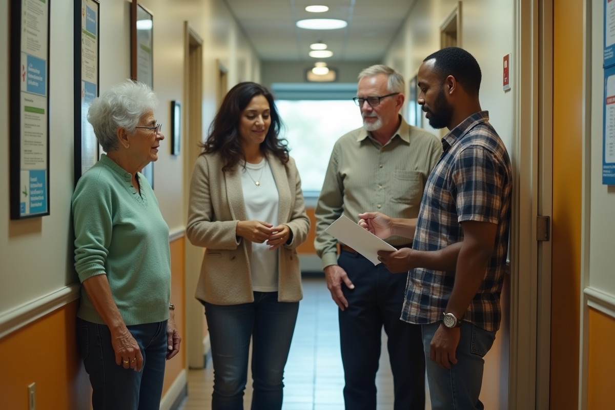 Groupe diversifié discutant dans un couloir résidentiel propre