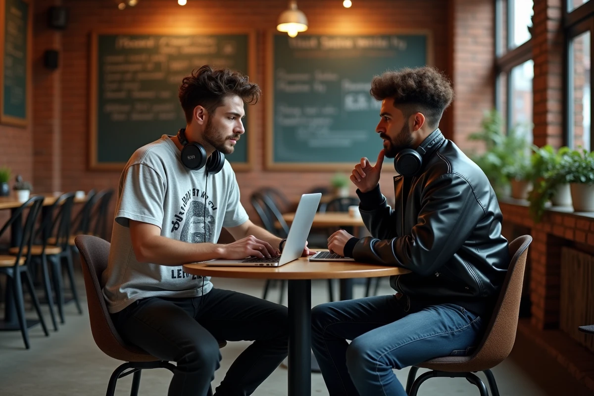 Deux jeunes passionnés de techno discutant de musique électronique dans un café urbain avec laptops et casques audio