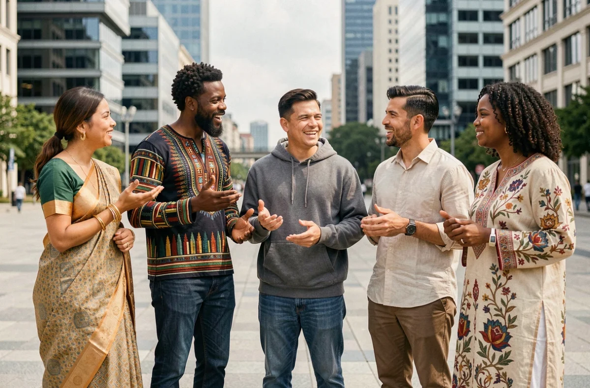 Groupe de cinq adultes de nationalités et cultures différentes réunis dans une place publique symbolisant la diversité des pays les plus peuplés du monde
