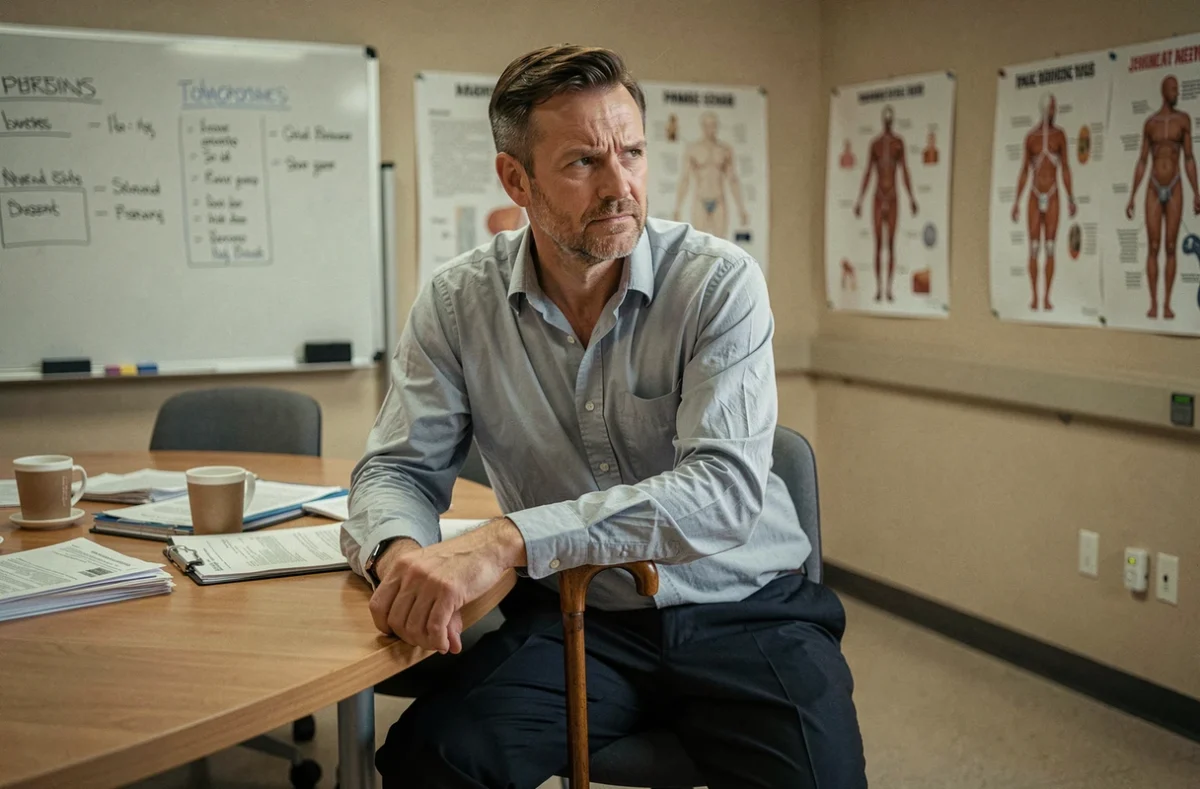 Médecin senior en chemise froissée appuyé sur une canne dans une salle de réunion médicale, évoquant le personnage du Dr House et sa relation complexe avec Cameron