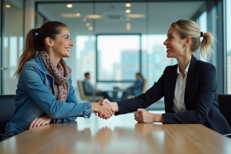 Femme et femme d'affaires se serrant la main dans un bureau moderne