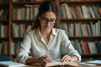 Éditrice indépendante examinant un livre broché dans un bureau d'édition rempli de manuscrits et d'ouvrages en format poche