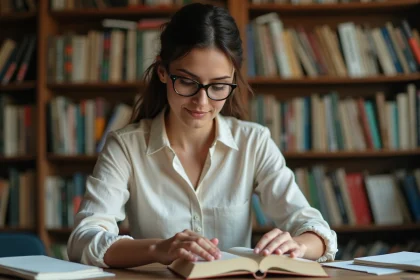 Éditrice indépendante examinant un livre broché dans un bureau d'édition rempli de manuscrits et d'ouvrages en format poche