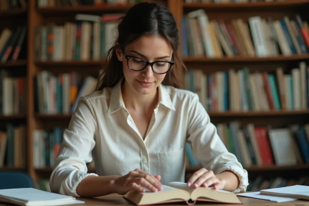 Éditrice indépendante examinant un livre broché dans un bureau d'édition rempli de manuscrits et d'ouvrages en format poche