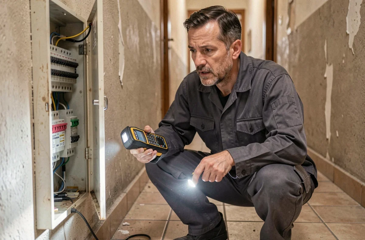 Électricien effectuant un dépannage électrique d'urgence dans la cage d'escalier d'un immeuble à Roubaix