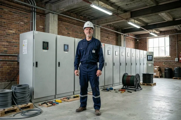 Électricien professionnel devant des tableaux électriques dans un bâtiment commercial de Roubaix