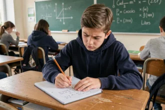 Élève au collège prenant des notes sur la conversion litres mètre cube dans un cahier scolaire