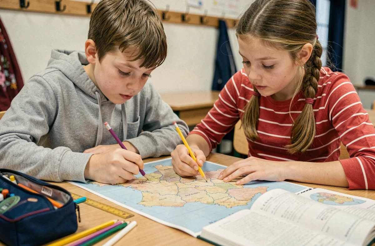 Deux élèves du primaire complétant ensemble une carte de France vide avec des crayons de couleur