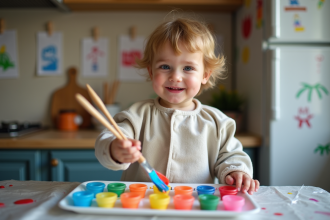 Enfant de deux ans peignant dans la cuisine