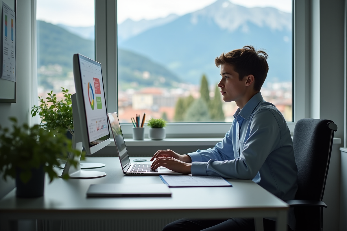 Jeune enseignante travaillant seule avec un ordinateur à Grenoble