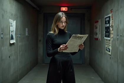 Jeune femme découvrant l'entrée d'un club techno souterrain à Berlin, flyer à la main, ambiance underground authentique