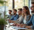 Groupe divers d'employes souriants dans un bureau lumineux