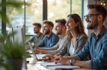 Groupe divers d'employes souriants dans un bureau lumineux