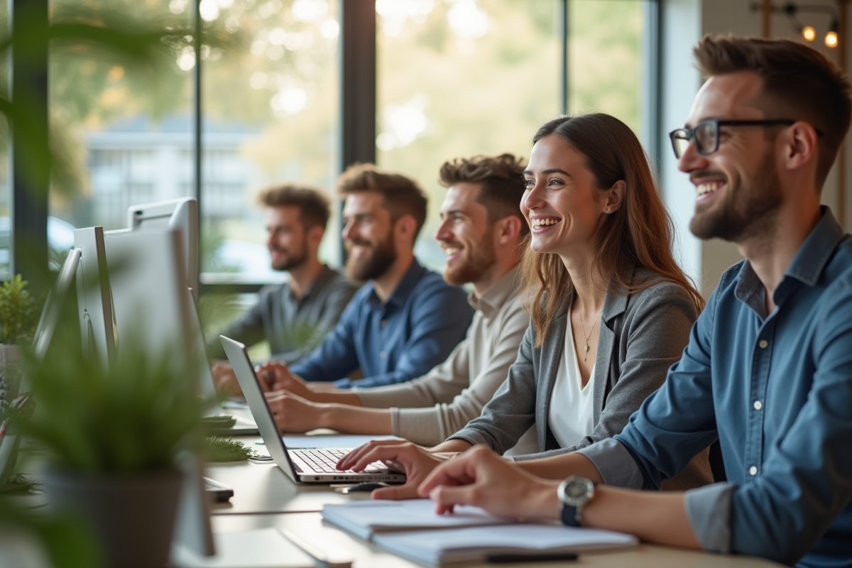 Groupe divers d'employes souriants dans un bureau lumineux