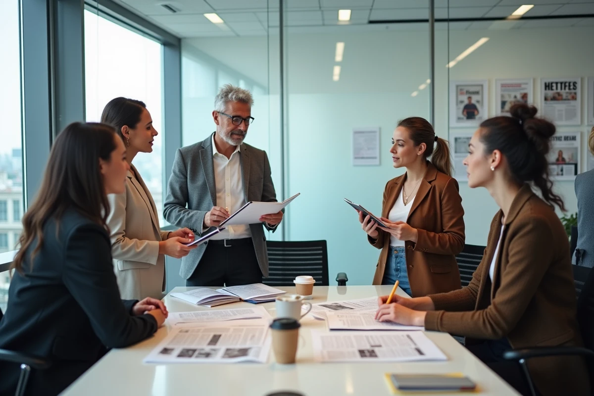 Équipe de journalistes d'un média en ligne indépendant en réunion éditoriale dans un open space moderne