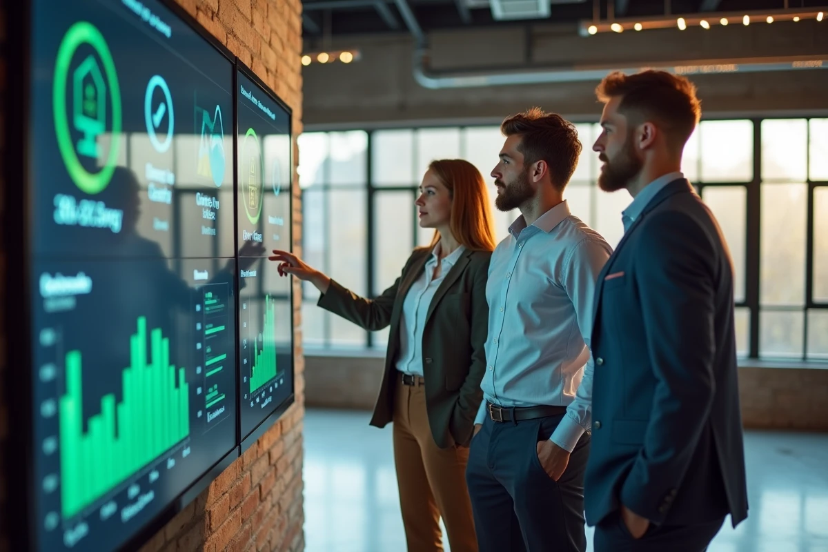 Equipe de professionnels discutant devant un écran d