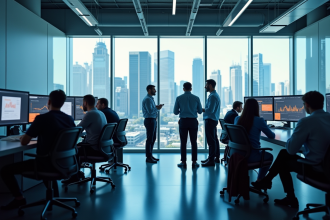 Équipe de professionnels en hightech collaborant dans un bureau moderne