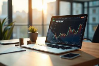 Espace de travail professionnel avec graphique financier et plantes
