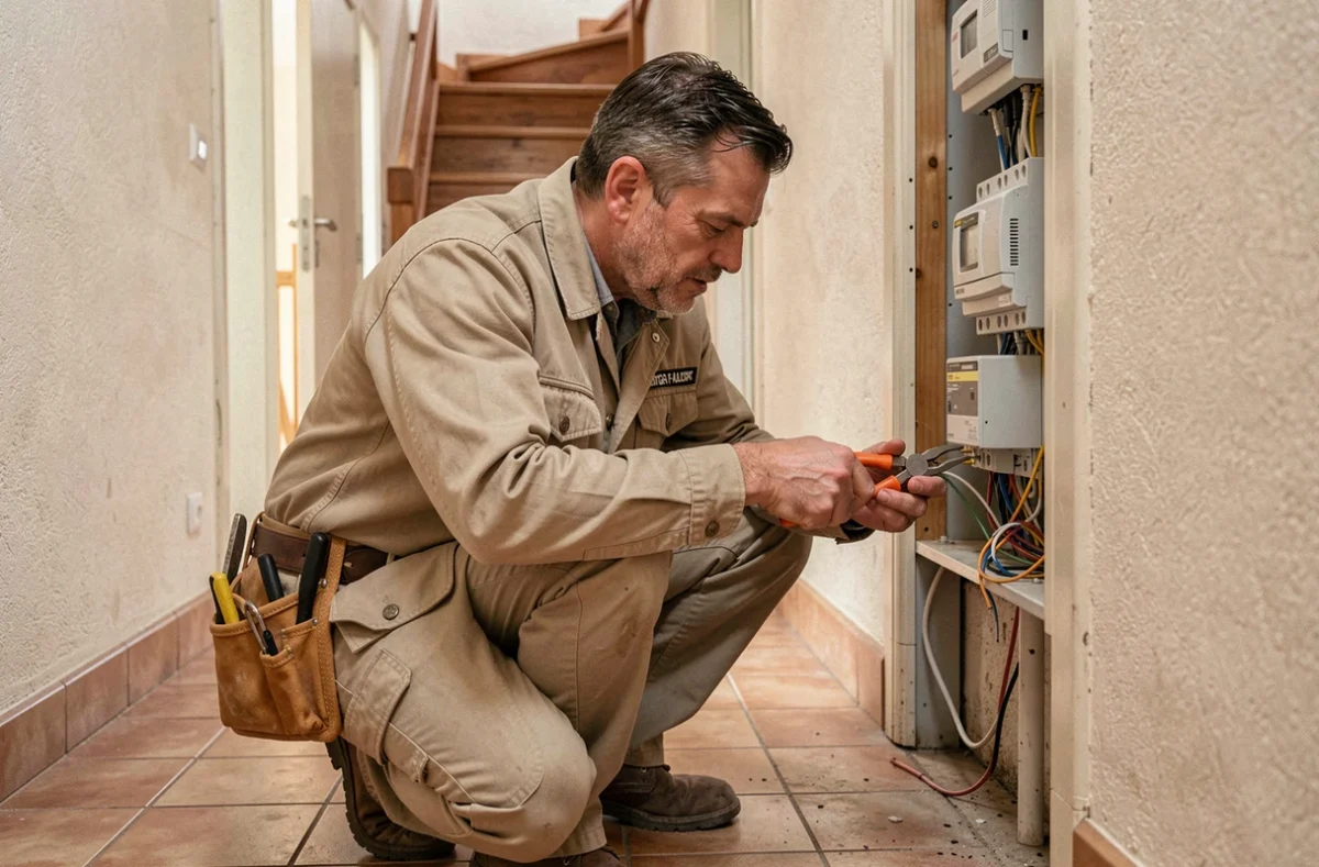 Électricien généraliste travaillant sur un tableau électrique dans un couloir d'appartement à Roubaix