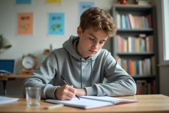 Étudiant révisant un tableau de conversion litre cm3 dans un cahier scolaire posé sur un bureau en bois