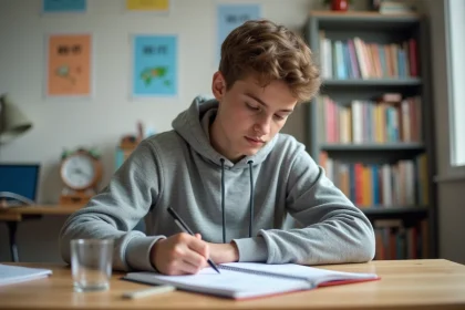 Étudiant révisant un tableau de conversion litre cm3 dans un cahier scolaire posé sur un bureau en bois