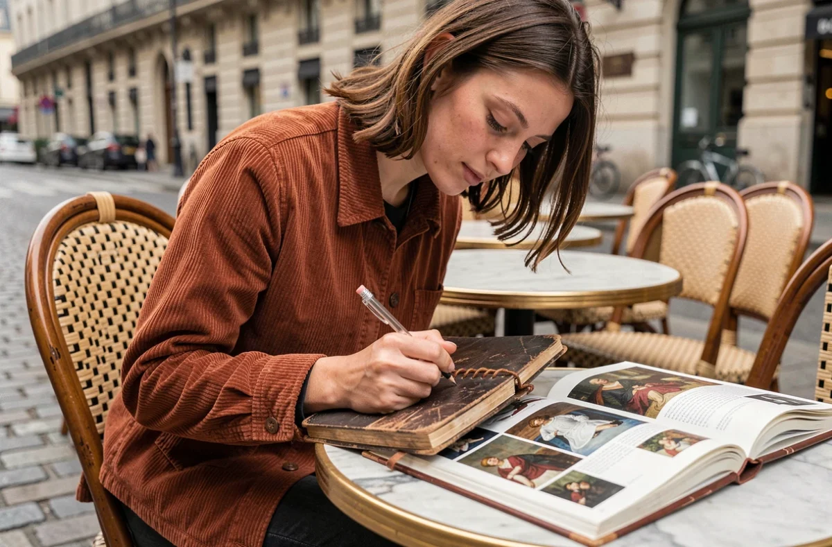 Jeune femme étudiant l'histoire de la peinture française du 20ème siècle dans un café parisien