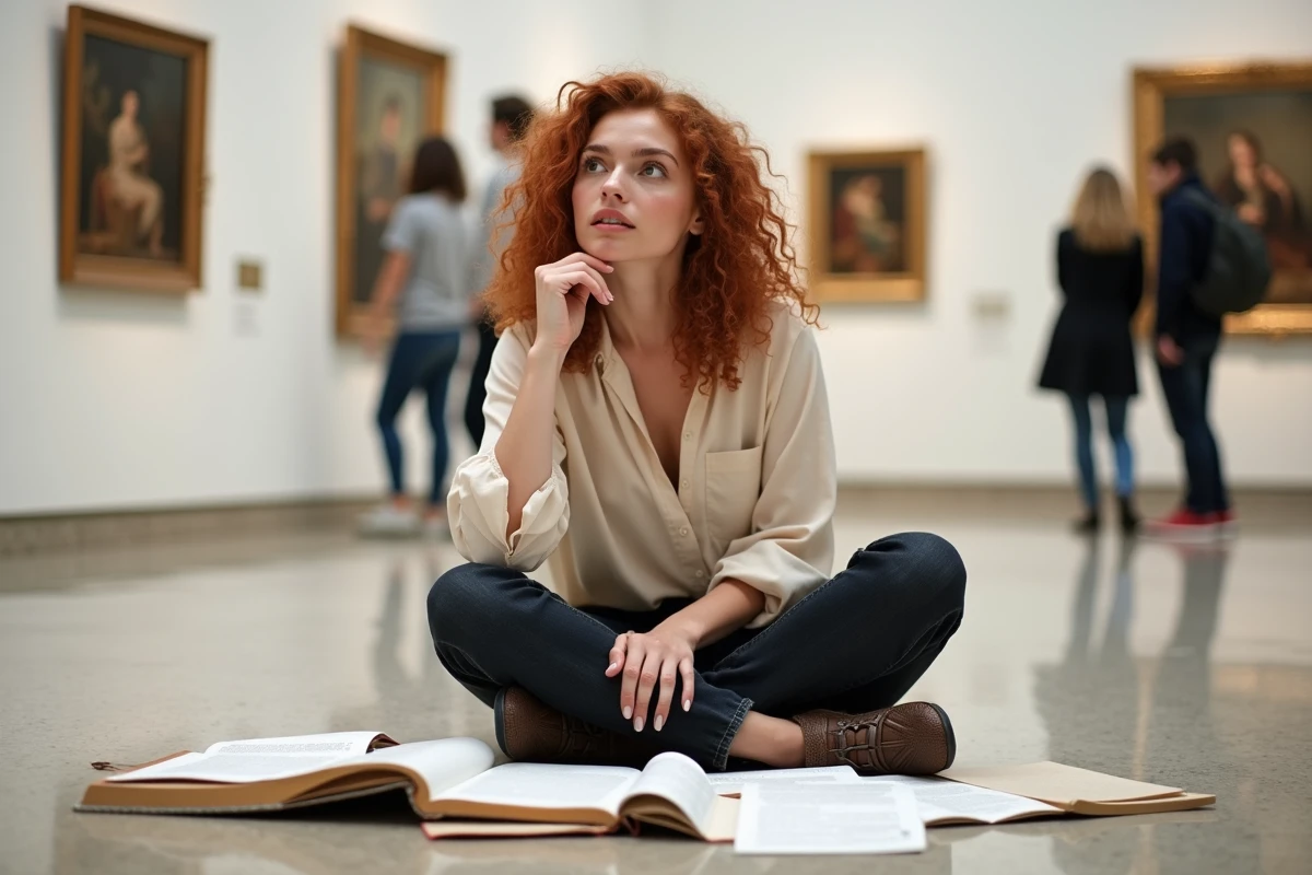 Étudiante en art prenant des notes sur des peintres célèbres dans une galerie de musée des beaux-arts