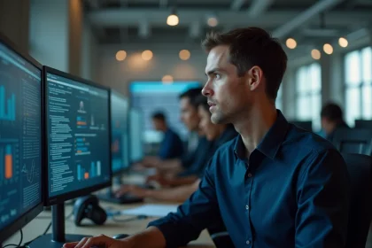 Expert en cybersécurité analysant des métriques de sécurité d'un site web sur plusieurs écrans dans un bureau professionnel
