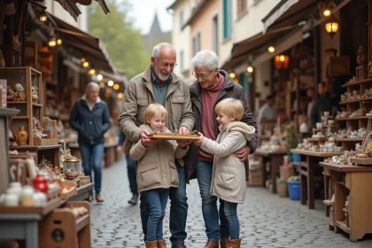 Famille multigenerational souriante à une brocante en plein air