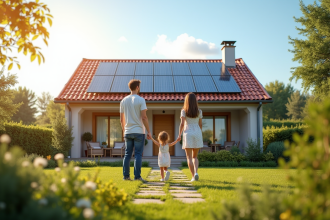 Famille moderne avec panneaux solaires devant leur maison ensoleillee