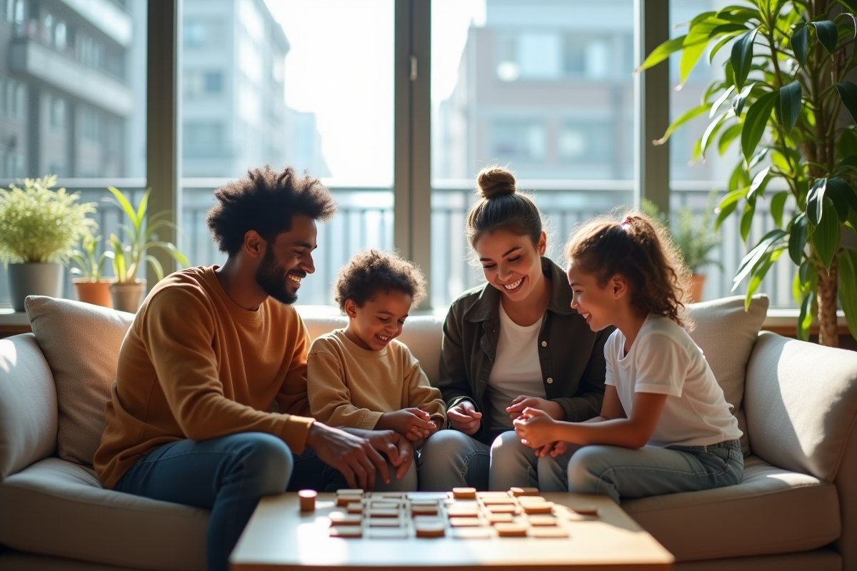 Famille moderne jouant à un jeu de société dans un appartement lumineux