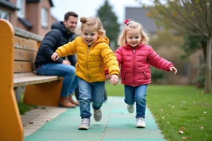 Famille jouant sur une aire de jeux dans un quartier résidentiel