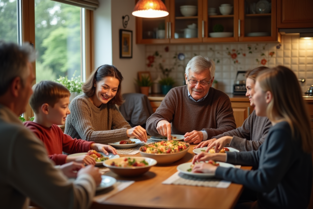 Famille multigenerational partageant un repas convivial dans une maison chaleureuse