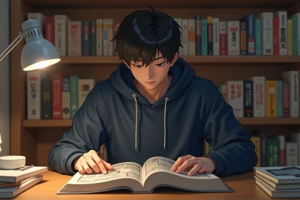 Jeune fan de manga lisant un tome One Piece à son bureau avec une expression concentrée