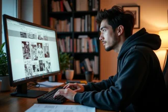 Un homme dans la trentaine lit des scans de manga sur un ordinateur dans un bureau à domicile organisé, entouré de volumes de manga