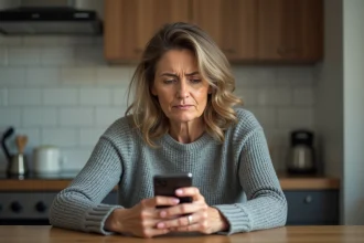 Femme inquiète inspectant un appel suspect sur son smartphone, illustrant l'usurpation de numéro de téléphone