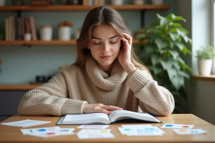 Femme étudiante en français dans une cuisine chaleureuse