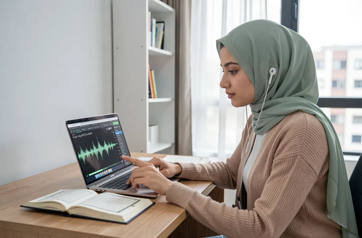 Jeune femme musulmane apprenant la sourate Al Mulk avec audio lent sur ordinateur pour corriger son tajwid