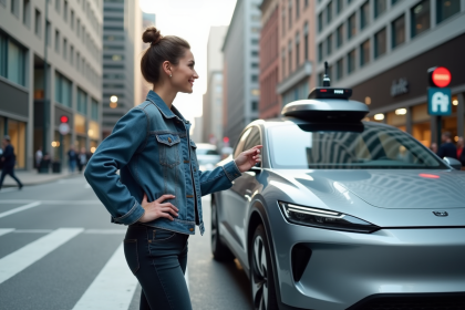 Femme en denim près d'une voiture autonome en ville