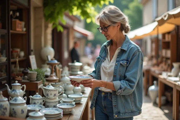 Femme examinant une porcelaine vintage en brocante Lorraine