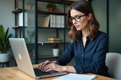 Femme professionnelle examinant des factures sur son ordinateur